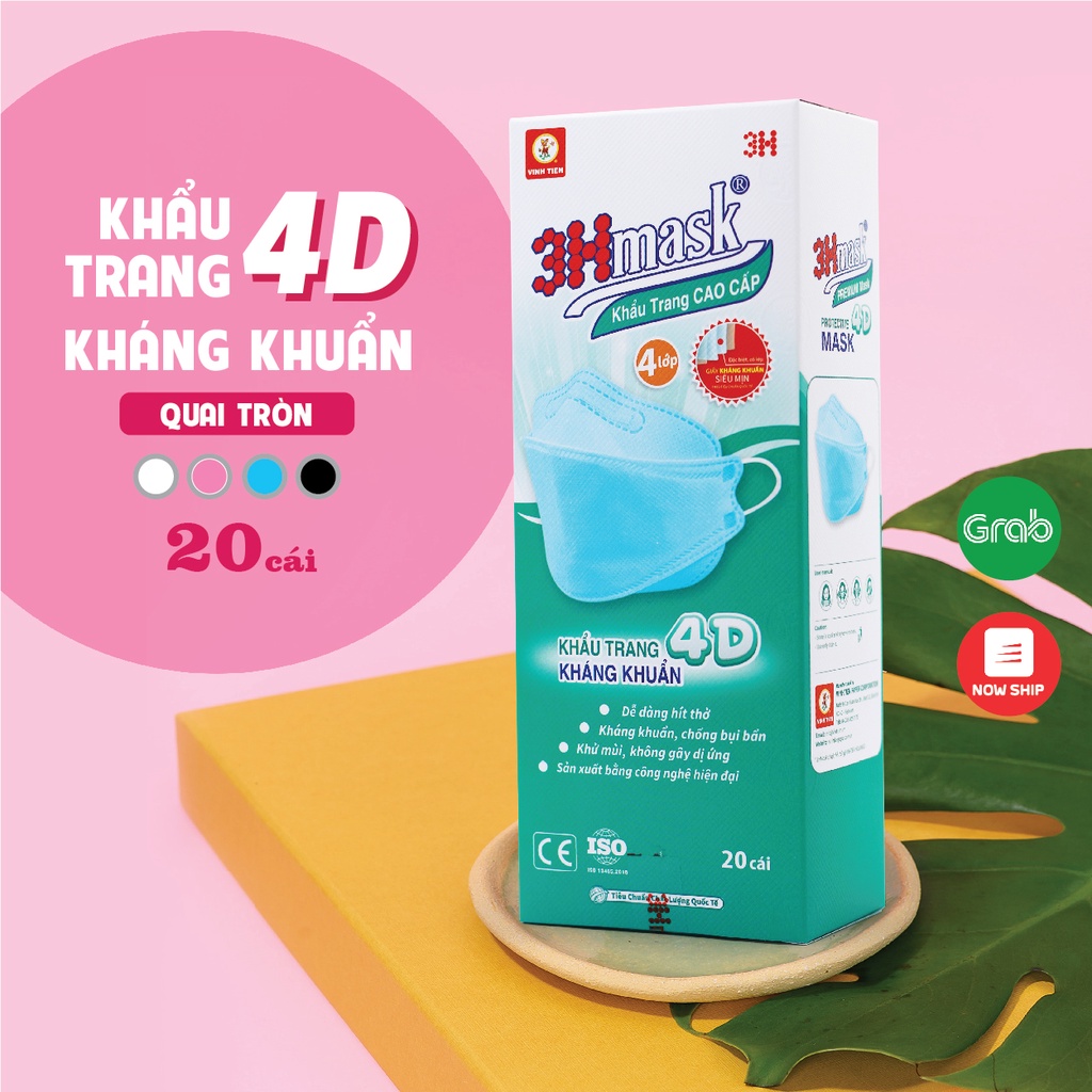 Khẩu Trang 4D 3Hmask Quai Tròn Kháng Khuẩn Cao Cấp ôm khít mặt, không lem son