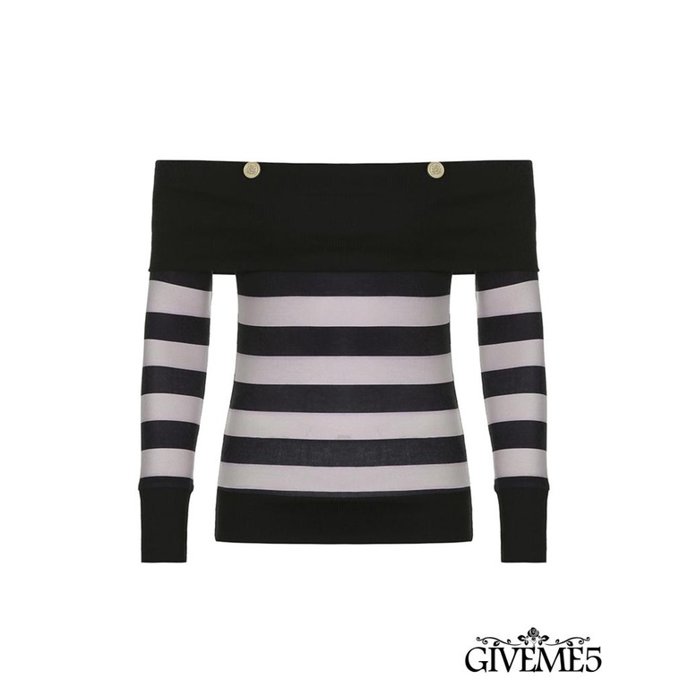 Áo nữ trễ vai tay dài kẻ sọc màu đen size S/M/L