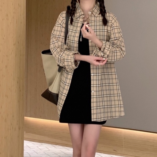 ZHELIHANGFEI Áo Sơ Mi Caro Tay Dài Dáng Rộng Thời Trang Cho Nữ