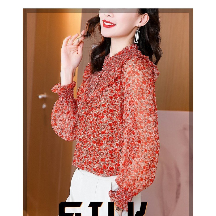 Áo chiffon tay dài họa tiết hoa dáng rộng thời trang thanh lịch cho nữ