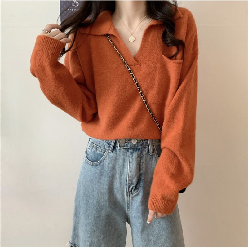 Áo sweater dệt kim cổ chữ V dáng rộng mềm mại phong cách retro