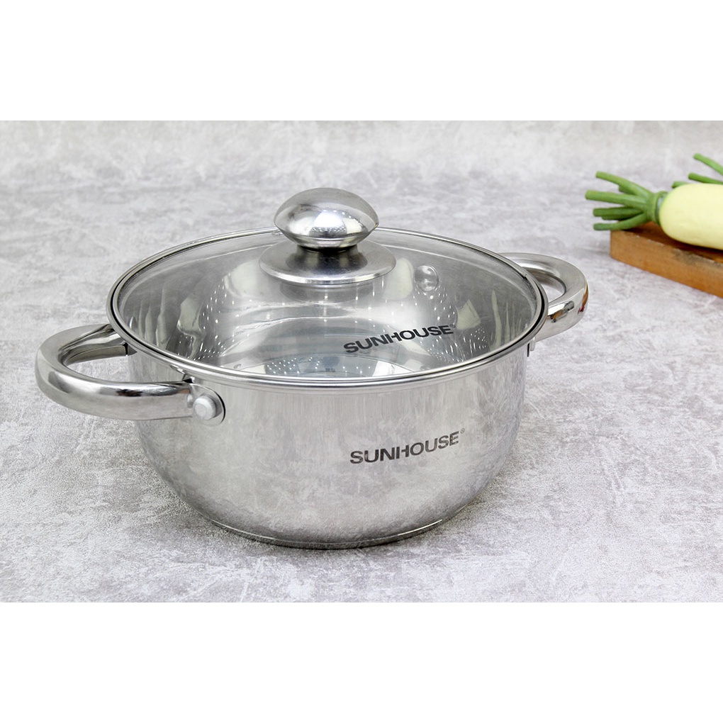 Nồi 2 quai inox 3 đáy nắp kính16, 20, 24 cm sunhouse sh22120 - bền đẹp  - dùng cho được mọi loại bếp