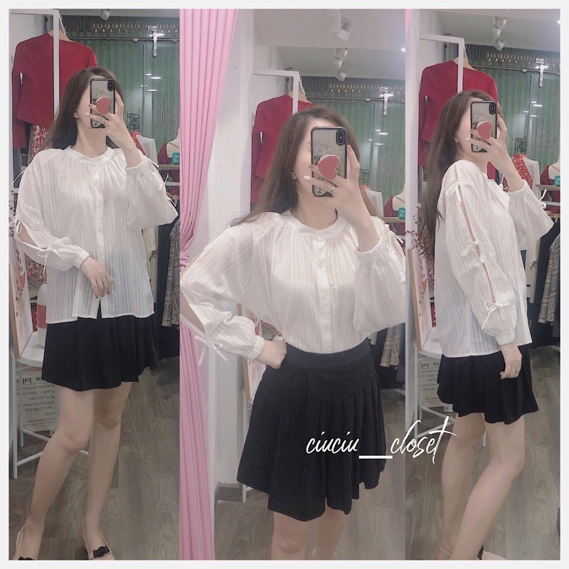 Áo Trắng Xô Nơ Tay Kẻ Sọc Cổ Tròn Size SM( SẴN)