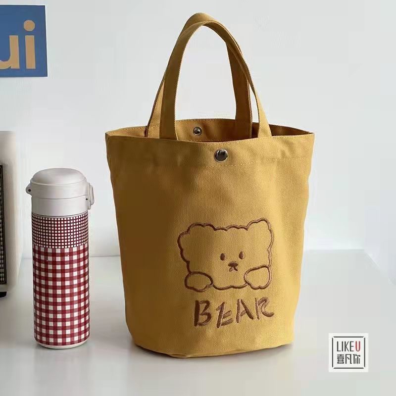 Túi tote vải Hàn Quốc có túi zip bên trong Túi Xách Canvas Cỡ Lớn Thêu Hình Gấu Phong Cách Nhật Bản Cho Nữ