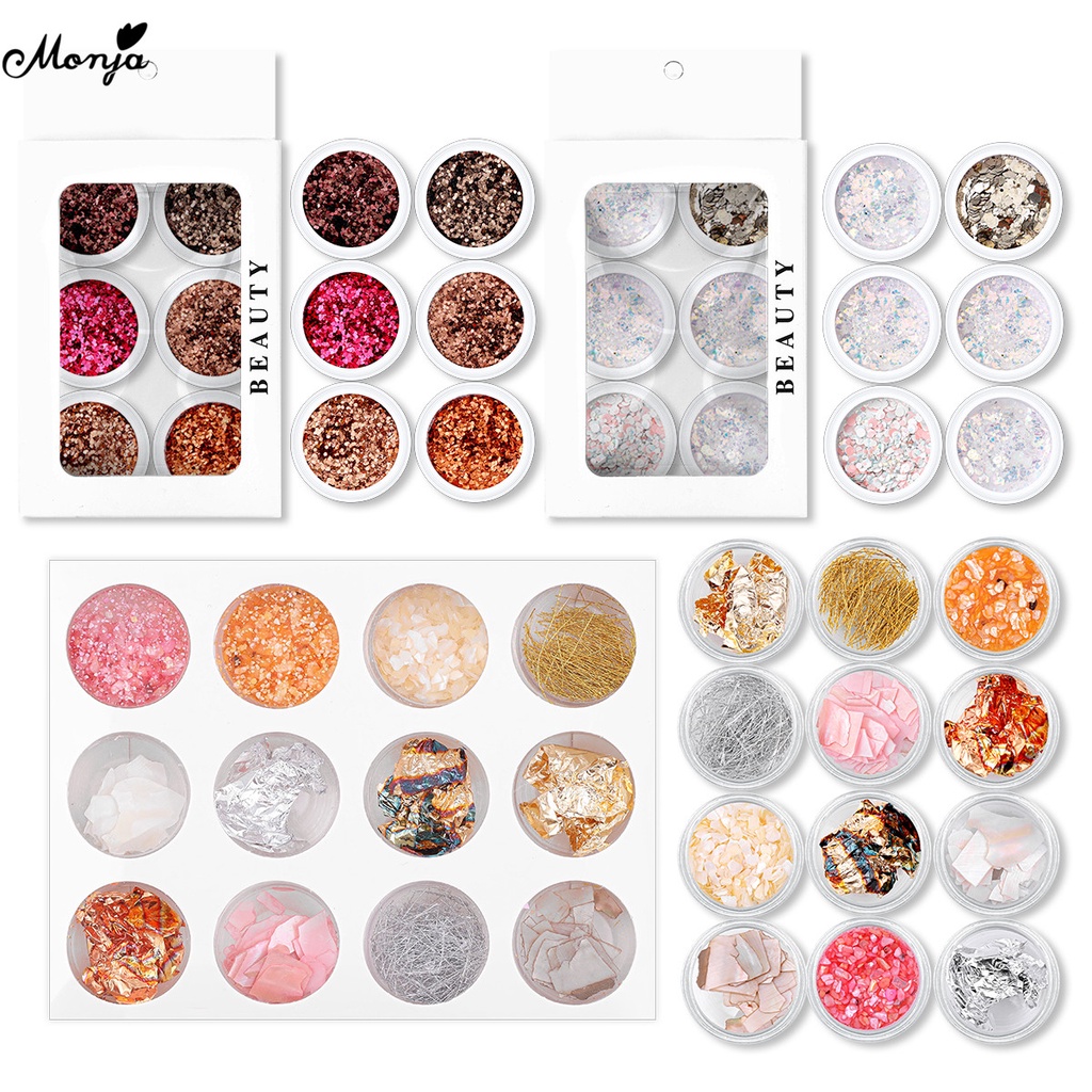 MONJA [Hàng mới về] Set 6/12 hộp phụ kiện trang trí móng hình lục giác làm bằng vỏ sò 3d