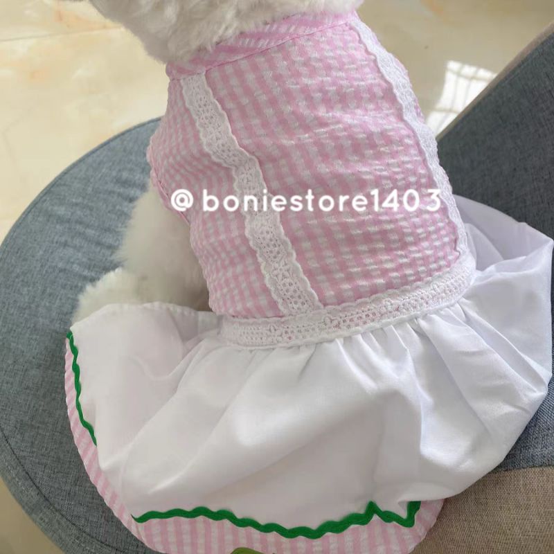 Đầm Váy Chó Mèo Thú Cưng Kẻ Caro In Hình Cherry Dễ Thương