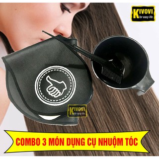[COMBO 3 MÓN] Bộ Dụng Cụ Nhuộm Tóc Tẩy Tóc Tại Nhà - Lược Nhuộm Tóc + Chén Nhuộm + Áo Choàng Nhuộm Tóc Cắt Tóc - Kivovi