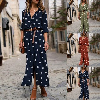 Đầm maxi tay dài hoạ tiết chấm bi cho phái nữ