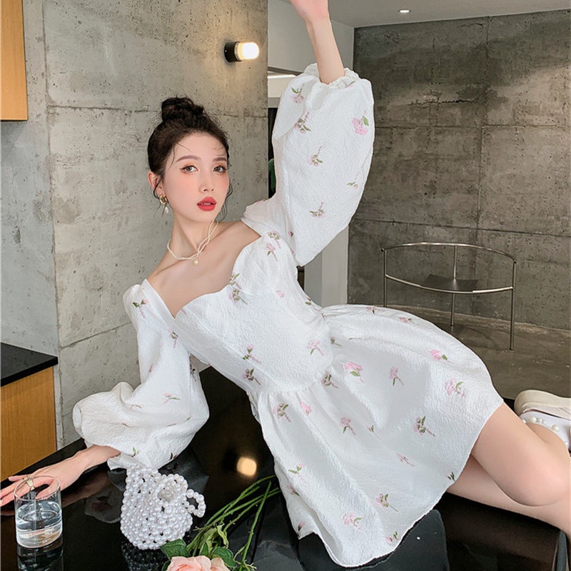 Đầm Tay Phồng Cổ Vuông Thời Trang Mùa Hè Phong Cách Retro Dễ Phối Đồ