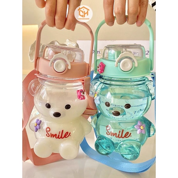 Bình Nước Gấu Có Ống Hút Kèm Dây Đeo Cực Dễ Thương