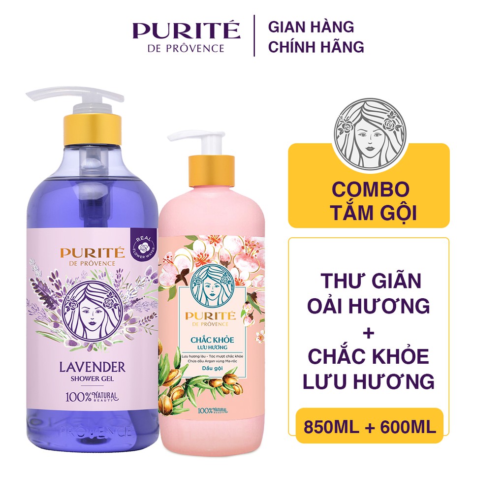 Combo Sữa Tắm Purité Thư Giãn Hoa Oải Hương 850ml + Dầu Gội Purité Chắc Khỏe Lưu Hương 600ml