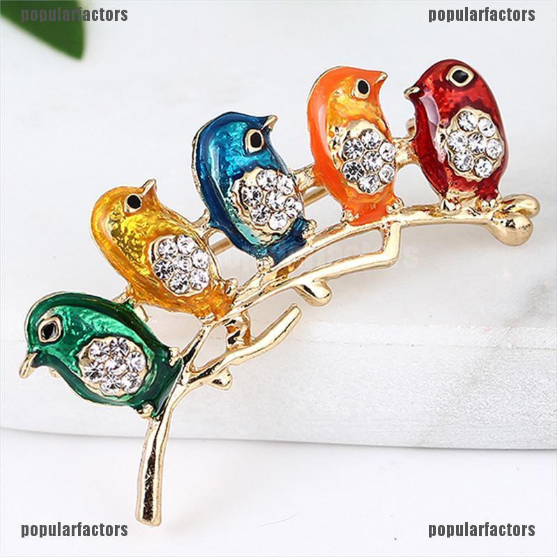 Ghim cài áo hình 5 chú chim dễ thương đính đá tráng men thích hợp làm quà tặng