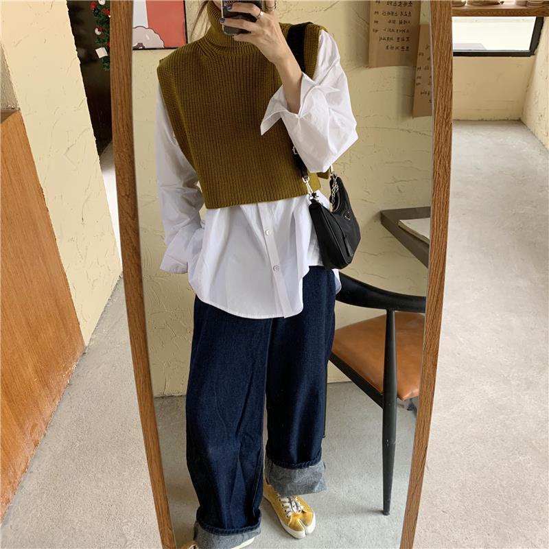 Set áo sơ mi tay dài + áo len không tay cổ cao thiết kế mới thời trang theo phong cách hàn quốc dành cho nữ