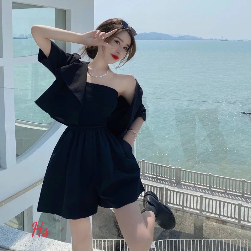 Set Jumpsuit Đùi Kèm Áo Khoác Chất Áo Thô Thái Áo Quây Bozip Dãn Xưởng May DCS