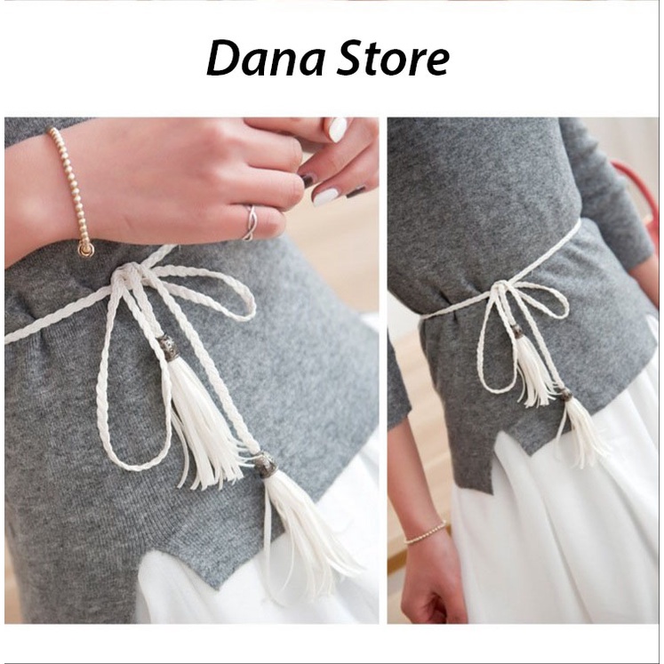 Dây thắt lưng chun co giãn chuông nhỏ gắn tua rua, đai váy cổ trang thắt nơ