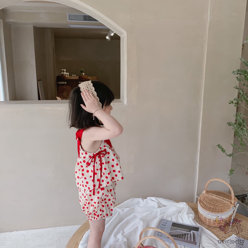 Bộ Áo Hai Dây Chấm Bi + Quần Short Thời Trang Mùa Hè Hàn Quốc Dành Cho Bé Gái