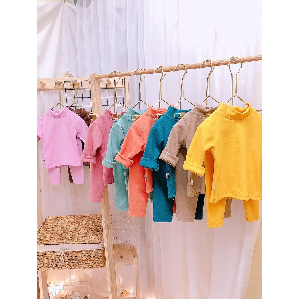 Bộ quần áo cotton giữ nhiệt HQ 2 mặt lông mềm mịn cho bé, Bộ thu đông cổ 3 phân giữ nhiệt cho bé