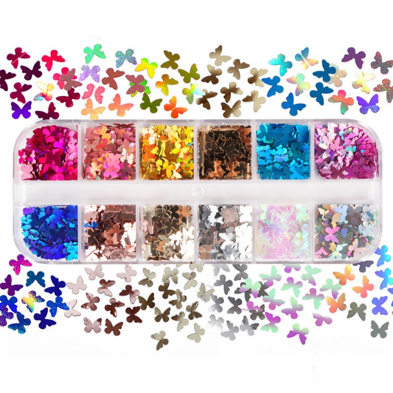 Hộp 12 ngăn phụ kiện kim tuyến hình bươm bướm ba chiều đổ epoxy resin làm đồ trang sức / trang trí móng nghệ thuật diy