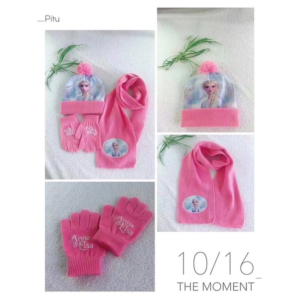 Sét KHĂN +MŨ +GĂNG TAY  3in1 hình Elsa cho bé gái