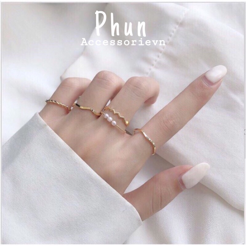 Bộ nhẫn nữ ngọc trai nhân tạo gợn sóng , Set nhẫn basic mạ bạc 925 cá tính