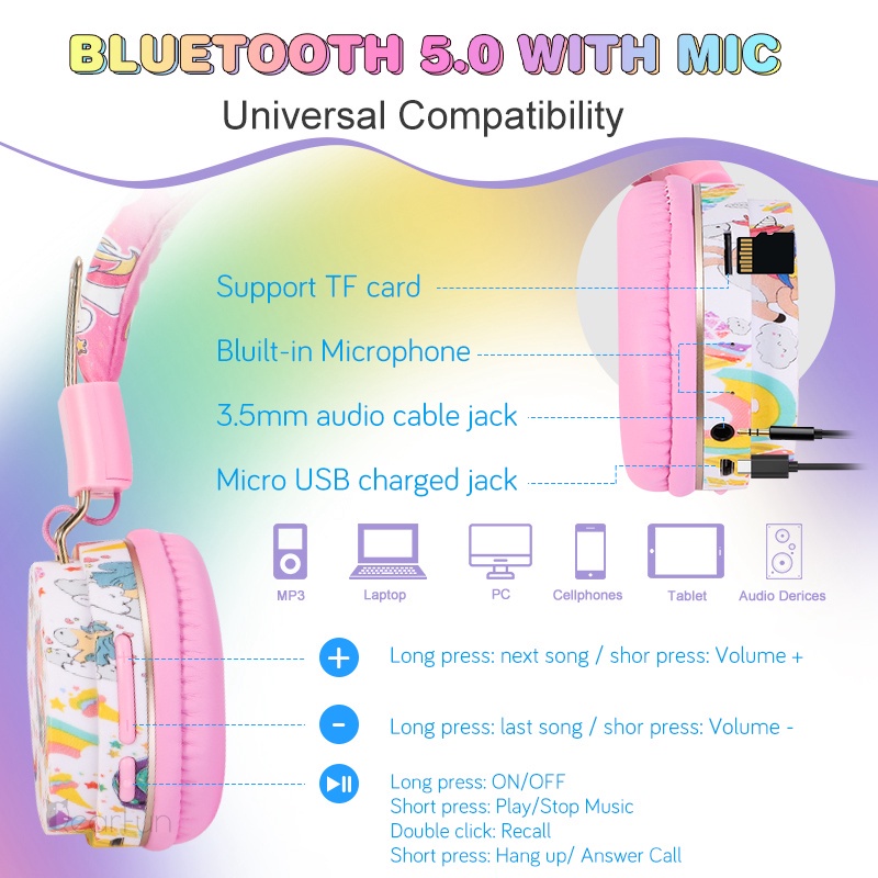 Tai Nghe Bluetooth Không Dây Hình Kỳ Lân 3D Dễ Thương Kèm Mic Cho Bé Gái