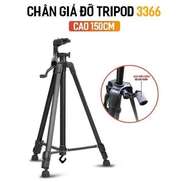Gậy Tripod 3366 nhôm 3 chân cho điện thoại và máy ảnh dài 1m50 cao cấp + Đầu kẹp điện thoại, túi