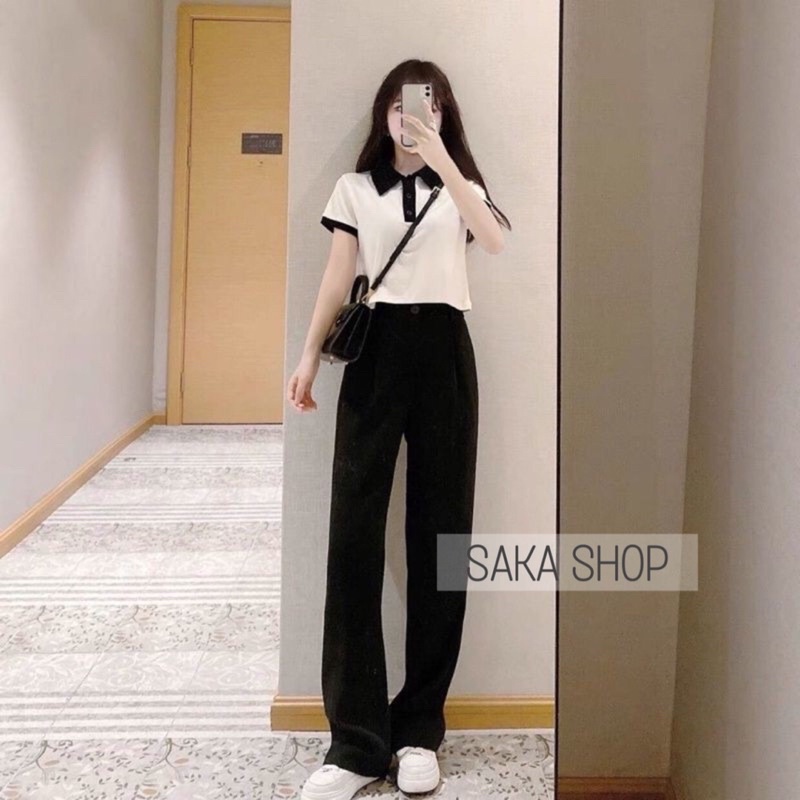 Áo thun nữ tay ngắn cổ sơ mi phối màu dễ thương