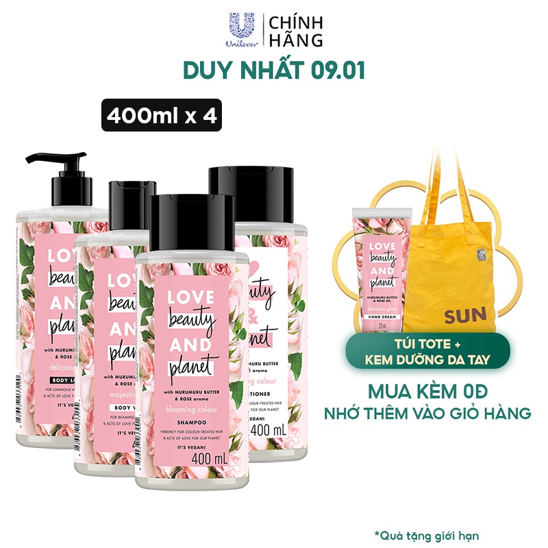 Combo Gội xả + Sữa tắm + Sữa dưỡng Love beauty and Planet 400ml/chai