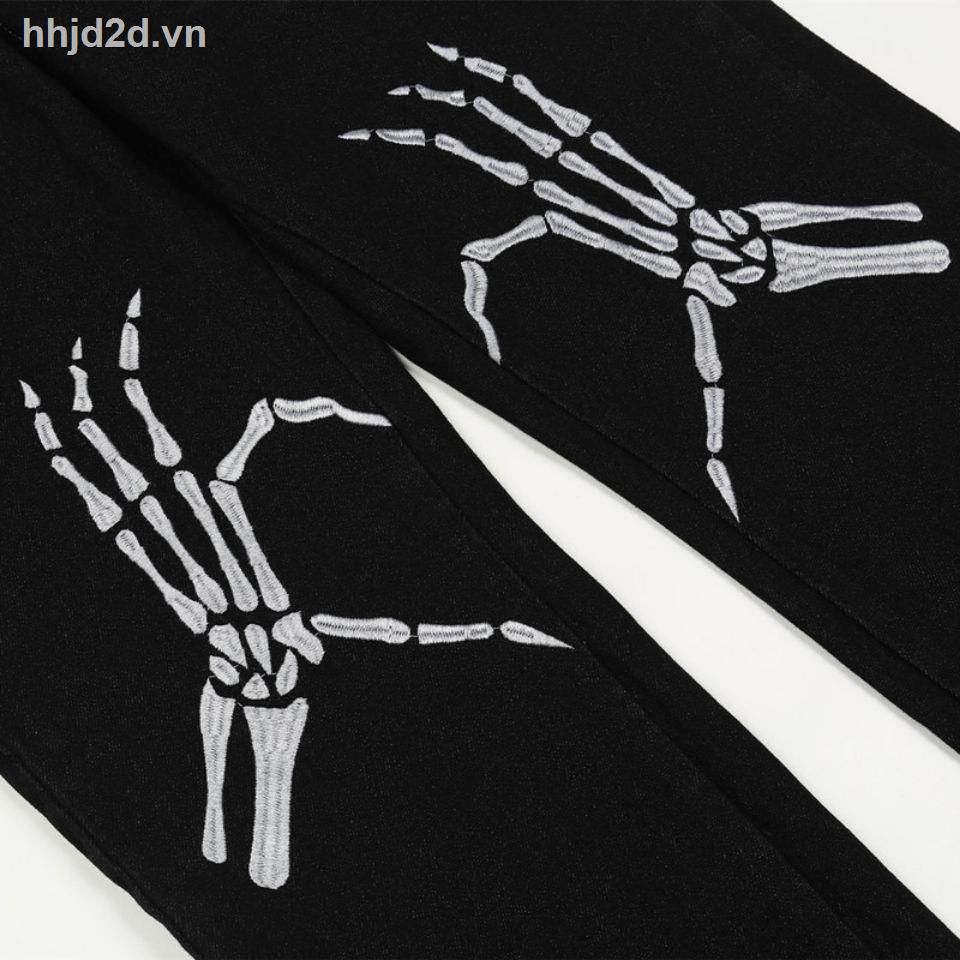 Quần jean dài ống rộng họa tiết bộ xương bàn tay phong cách hip hop cá tính thời trang unisex