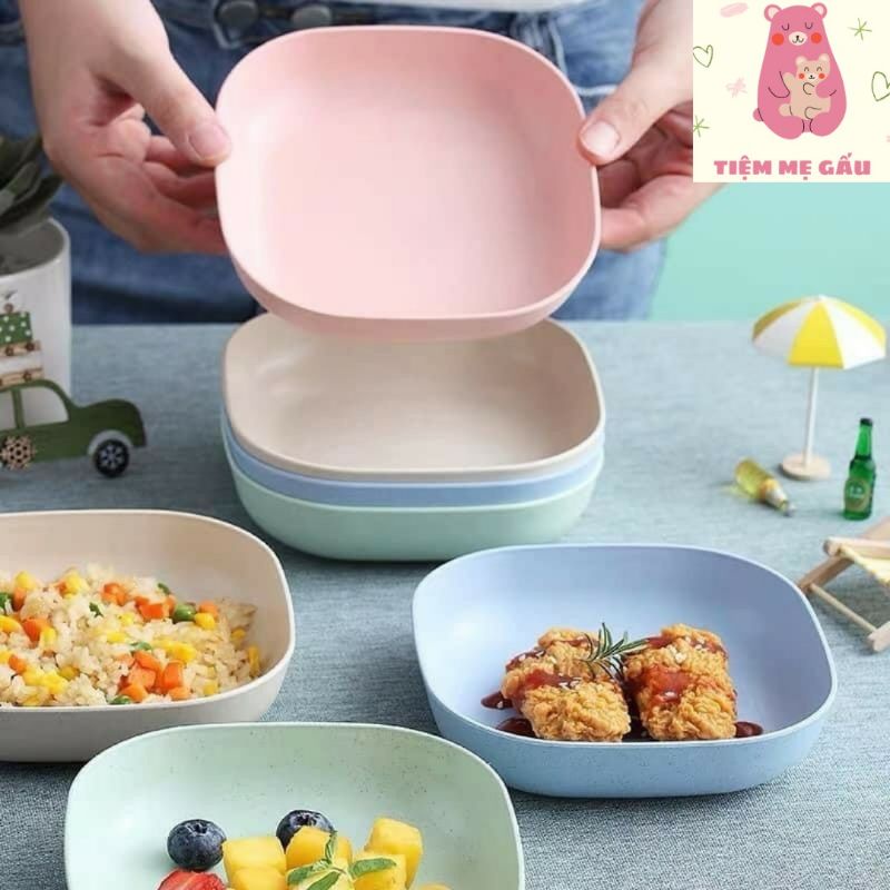 Đĩa nhựa lúa mạch vuông đựng đồ ăn, bánh kẹo cho bé