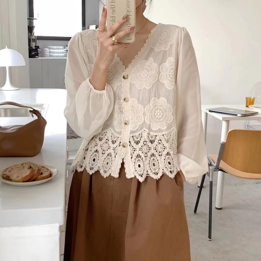 SUXI Áo Sơ Mi Cổ Chữ V Màu Sắc Trơn Phong Cách Vintage Hàn Quốc Thời Trang Mùa Thu Cho Nữ