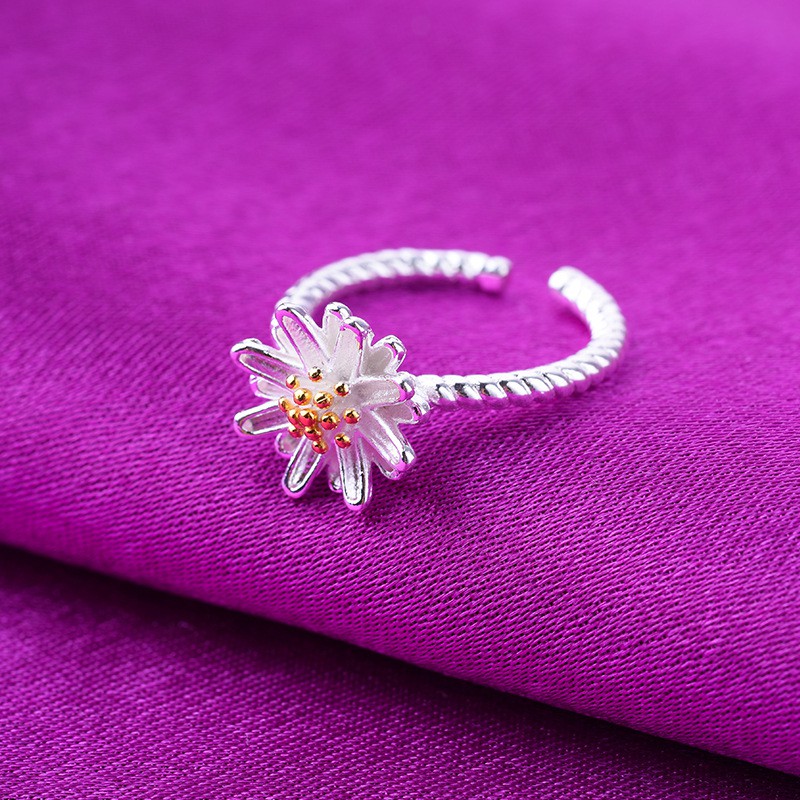 Silver Plated Rings S925 Beautiful Chrysanthemums with Gemstones