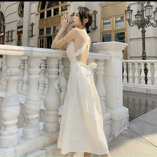 đầm maxi trắng hở lưng dây chéo