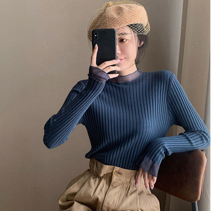 Áo dệt kim tay dài cổ cao thêu lưới thời trang thu đông nhiều màu tùy chọn cho nữ 17997