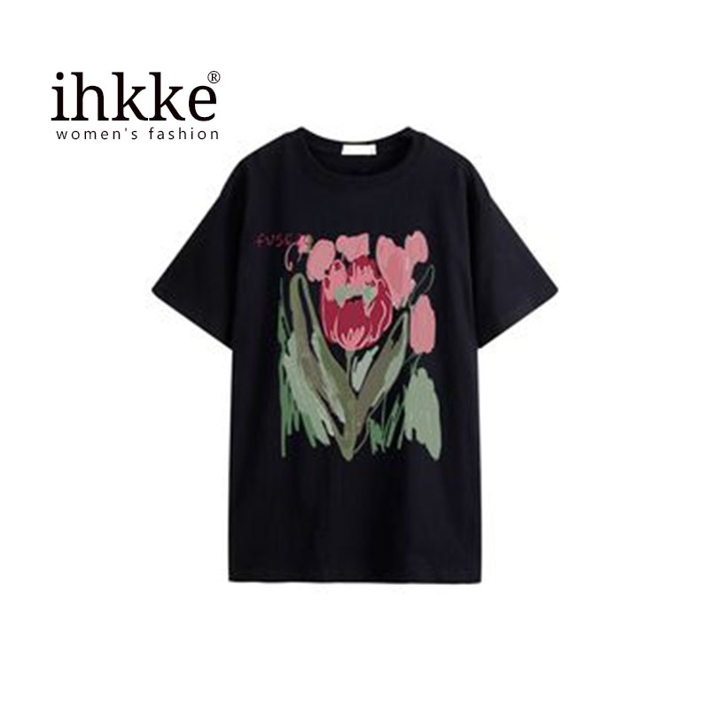Áo thun IHKKE tay ngắn dáng rộng phong cách retro thời trang cá tính dành cho nữ
