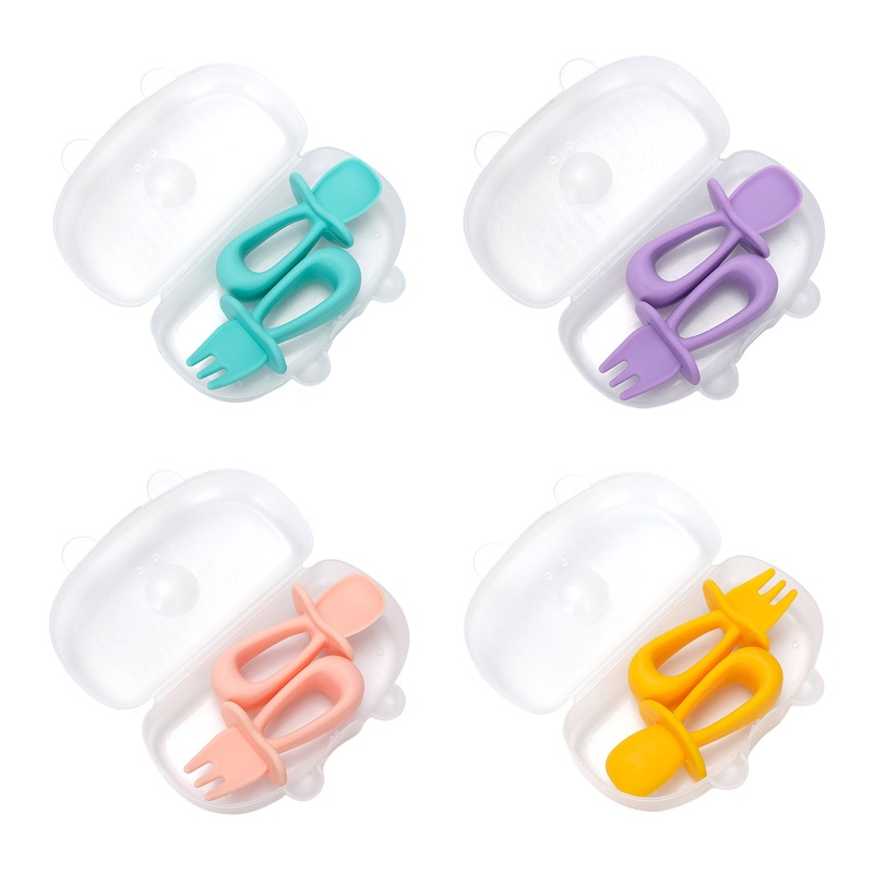 Bộ 2 Muỗng Nĩa Silicone Tay Cầm Ngắn Dành Cho Bé Tập Ăn