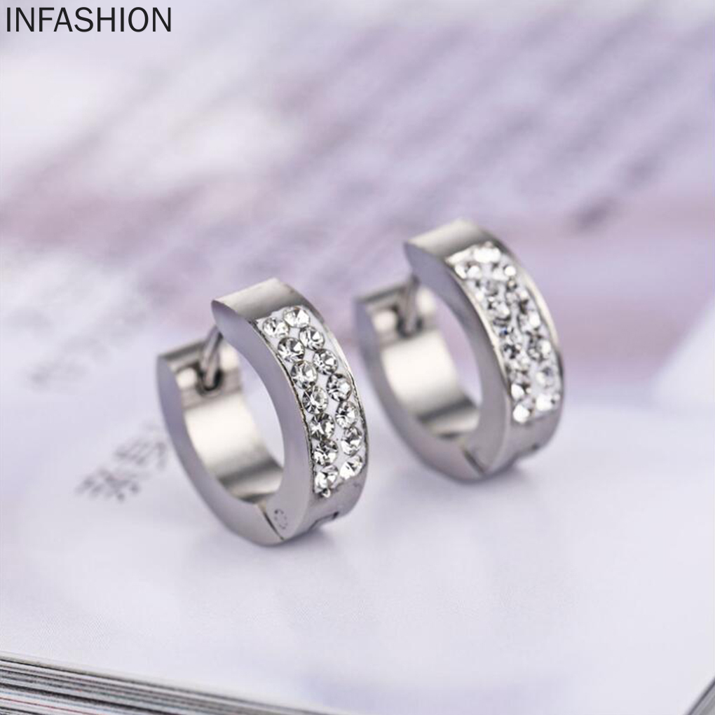 1 Đôi Bông Tai Tròn Đính Đá Bằng Thép Không Gỉ Cho Nữ