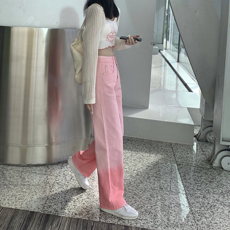 Quần Jean Ống Rộng Lưng Cao Màu Hồng Gradient Thiết Kế Mới Thời Trang Mùa Xuân Dành Cho Nữ
