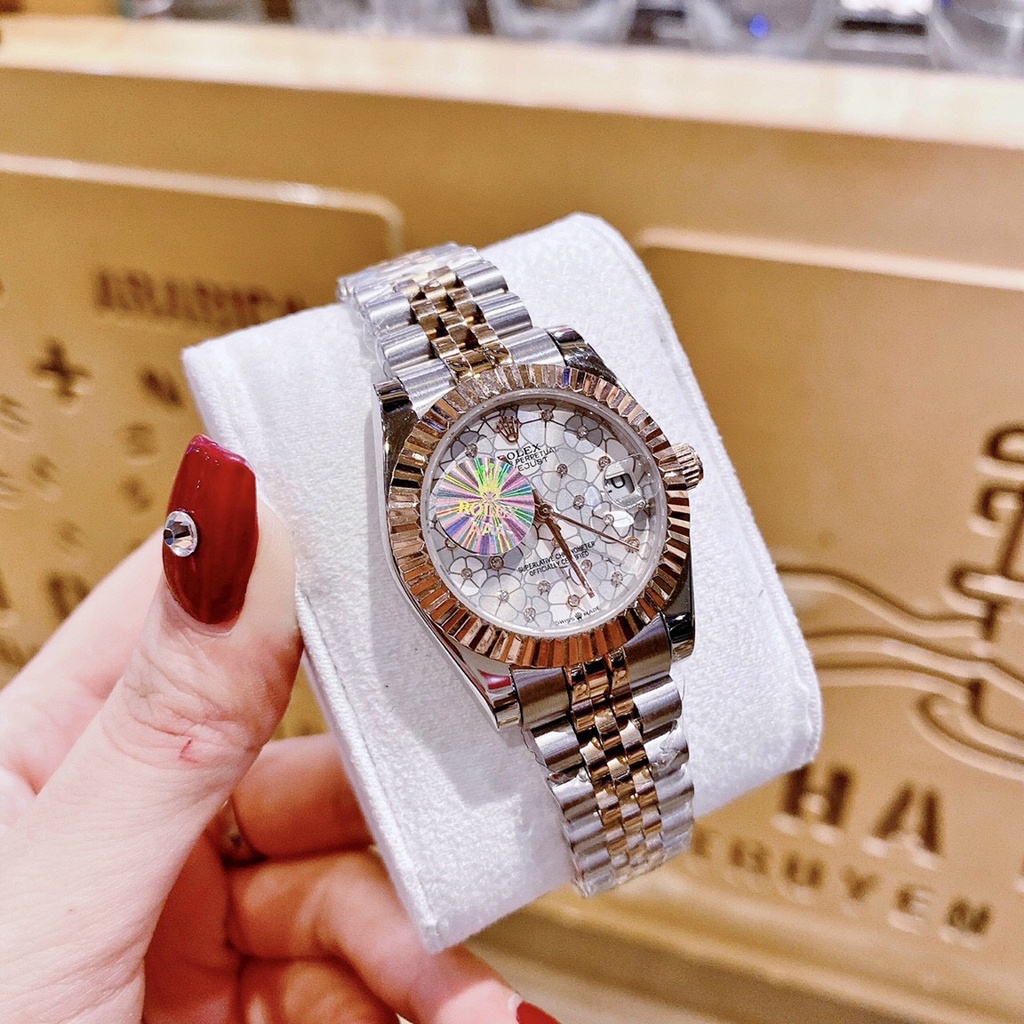 Đồng Hồ Nữ  rolex dây thép mặt hoa 3d , viền khía , size 32mm , máy pin