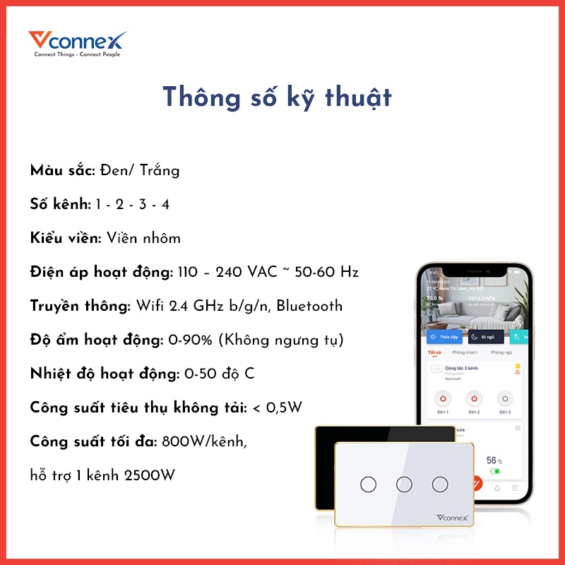 Công Tắc Thông Minh Wifi Vconnex, Công Suất Cao 800/2500W - Chức Năng Hẹn Giờ, Điều Khiển Từ Xa - Bảo Hành 2 Năm 1 Đổi 1