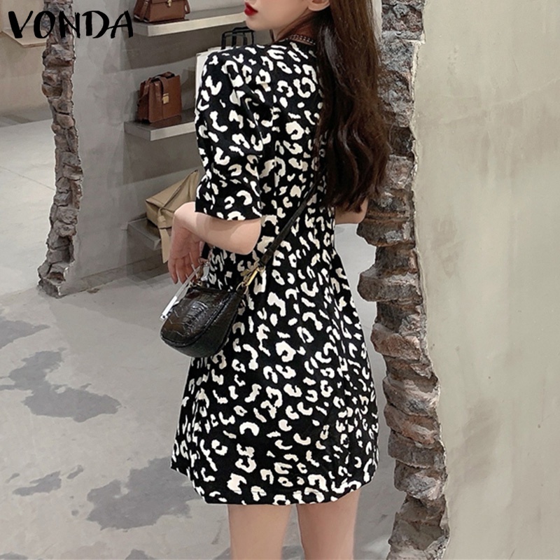 Đầm mini VONDA cổ tròn tay ngắn phồng in họa tiết da báo phong cách Hàn Quốc thời trang dành cho nữ