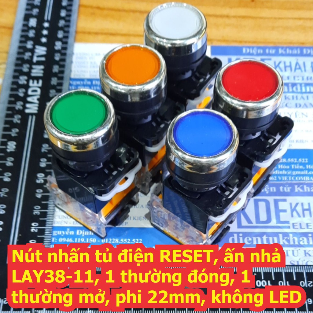 Nút nhấn tủ điện RESET, ấn nhả LAY38-11, 1 thường đóng, 1 thường mở, phi 22mm, không LED có 5 màu kde7245