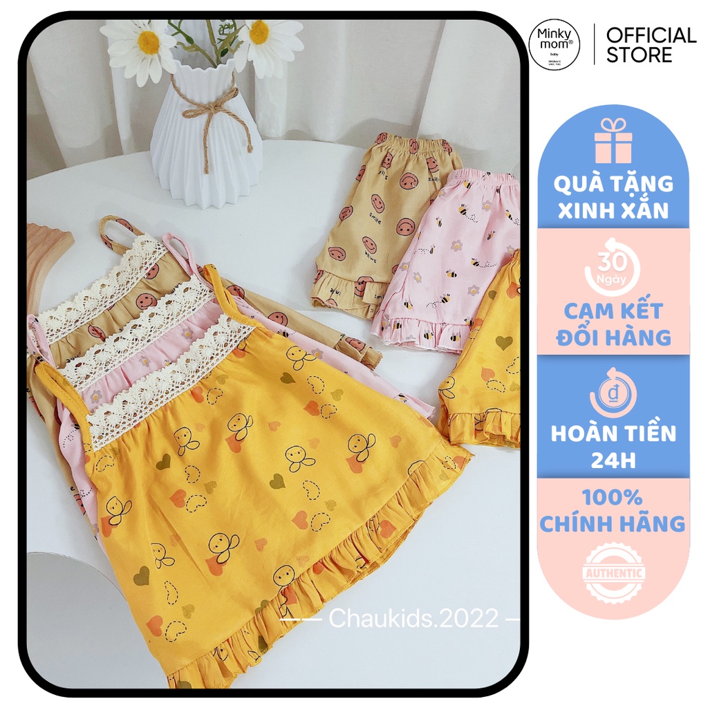 [SALE] Bộ 2 Dây Bé Gái Hoạ Tiết Quả Dâu Vải Đũi Tằm Mềm Mát Phối Ren Cổ, Đồ Bộ Cho Bé Mặc Nhà CK28