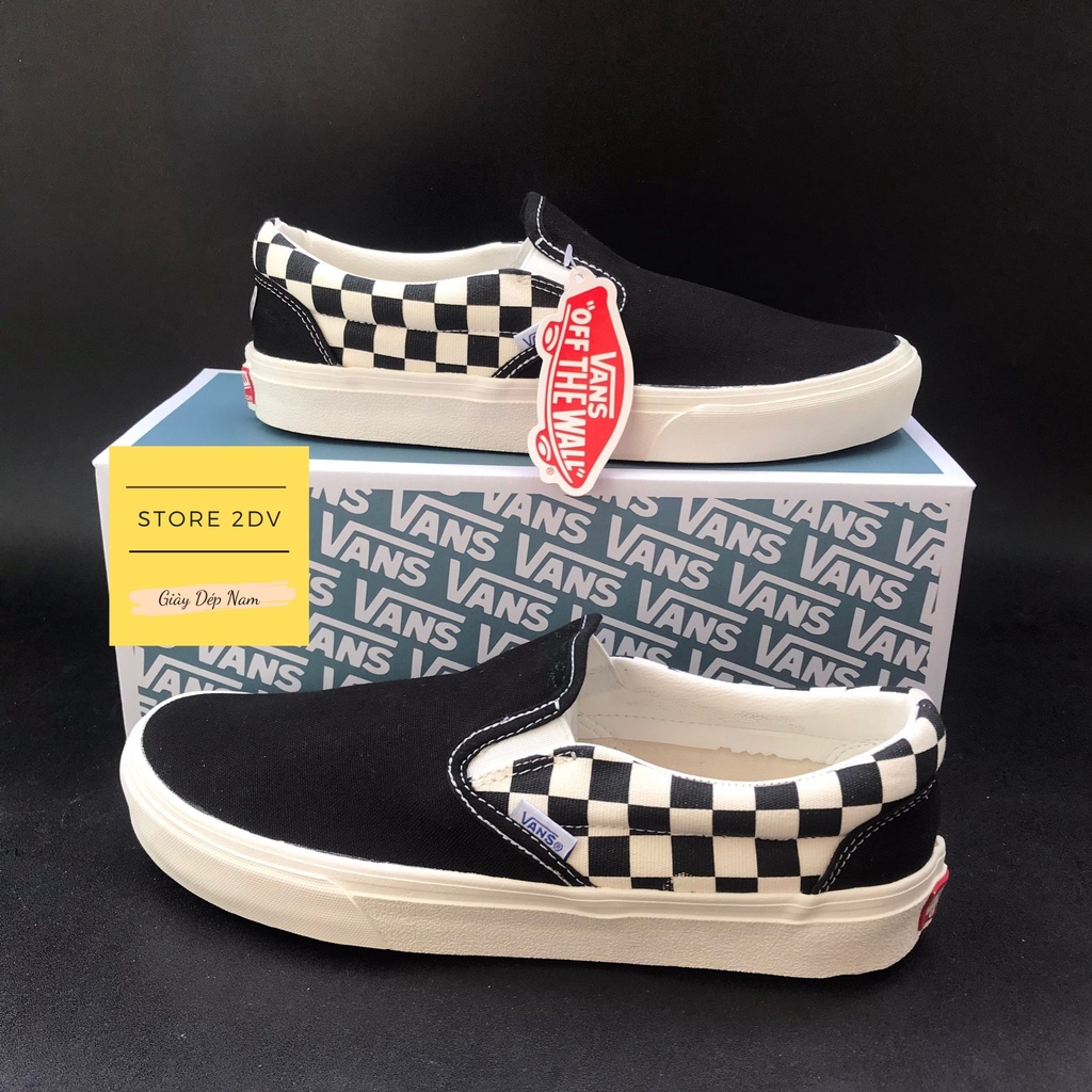 Giày Lười Nam Xỏ Caro Đen Vans Slip On Caro Black White