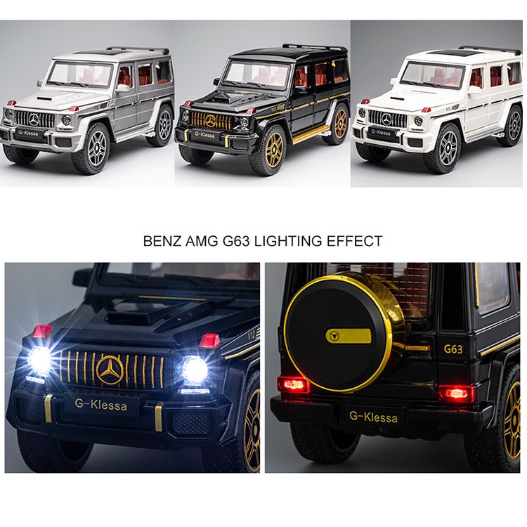 Xe mô hình ô tô Mercedes Benz G63 tỉ lệ 1:24  - Xe ô tô bằng kim loại mở các cửa có âm thanh bằng đèn xe chạy cót