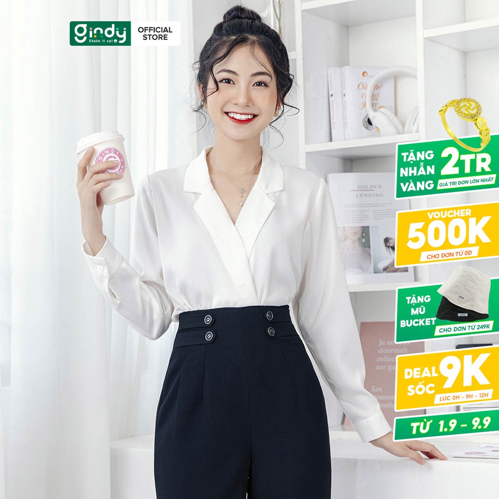 Áo sơ mi lụa nữ công sở GINDY sơmi trơn cổ chéo dáng suông basic trơn thời trang xuân hè 2022 Hàn Quốc A032