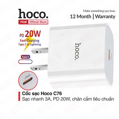 Củ sạc PD 20W Hoco C76 1 cổng Type- C sạc nhanh 3.0A, chân cắm chuẩn tiêu chuẩn ( Chân dẹt )