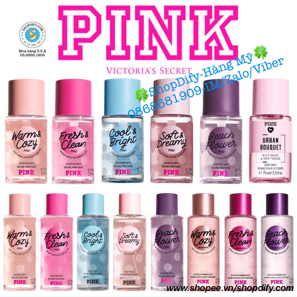 Xịt thơm VS Victoria Secret PINK Body Mist 75ml 250ml Warm Cozy, Fresh Clean, Beach Flower, Cool Bright