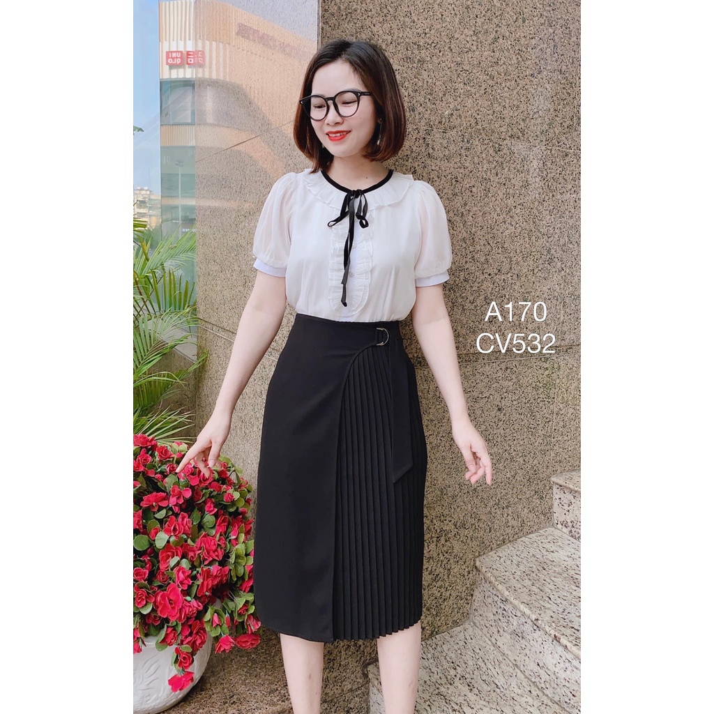Áo sơ mi nữ công sở - áo sơ mi tơ óng cổ trụ viền bèo cúc đính đá nơ nhung 089