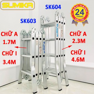 2 Mẫu thang nhôm gấp xếp đa năng Sumika 4 đoạn SK604 - 4 bậc & SK603 - 3 bậc BẢO HÀNH 2 NĂM thang thợ điện